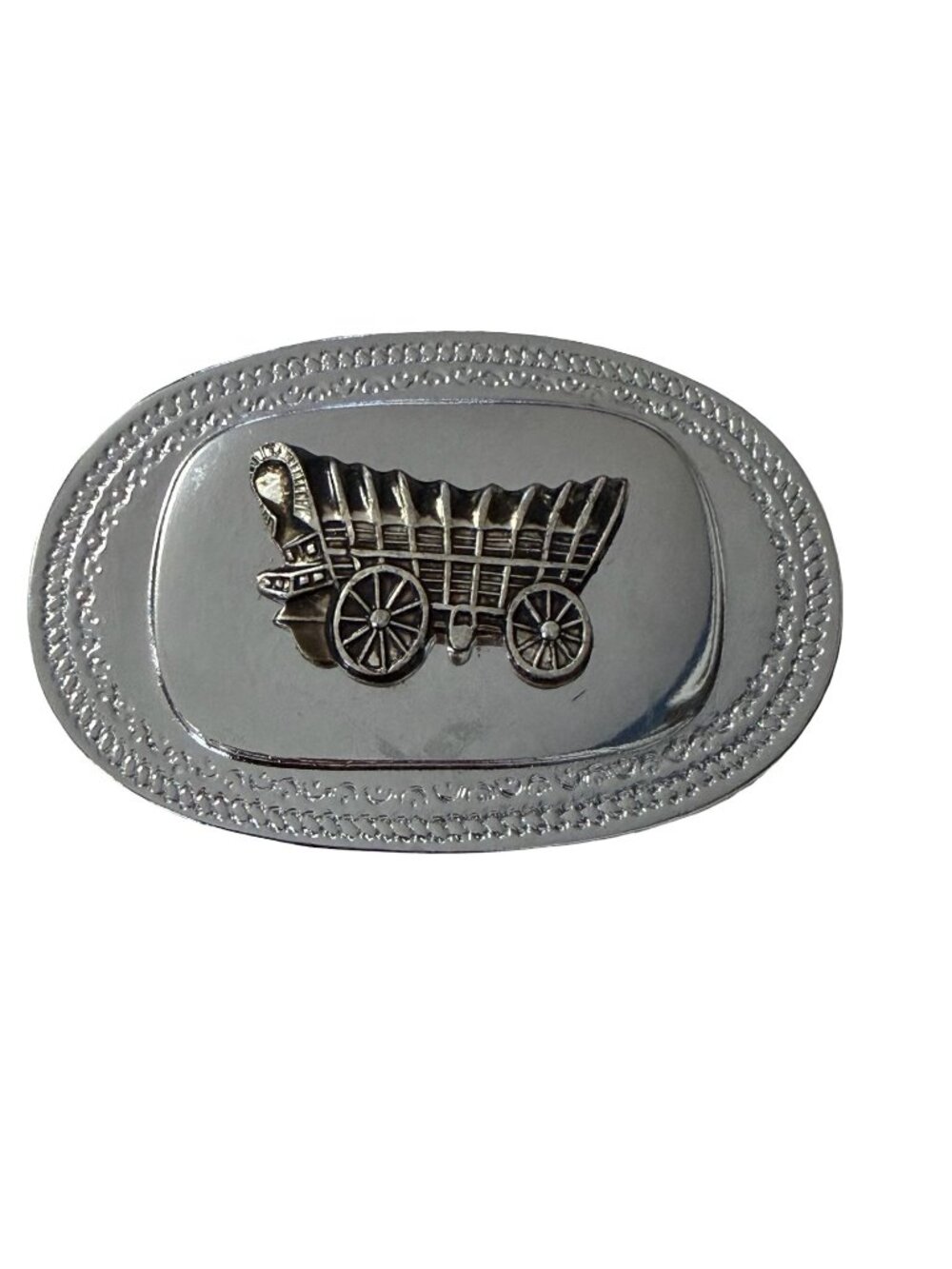 Vintage Covered Wagon Belt Buckle Western Pioneer Wagon Made In Hong Kong